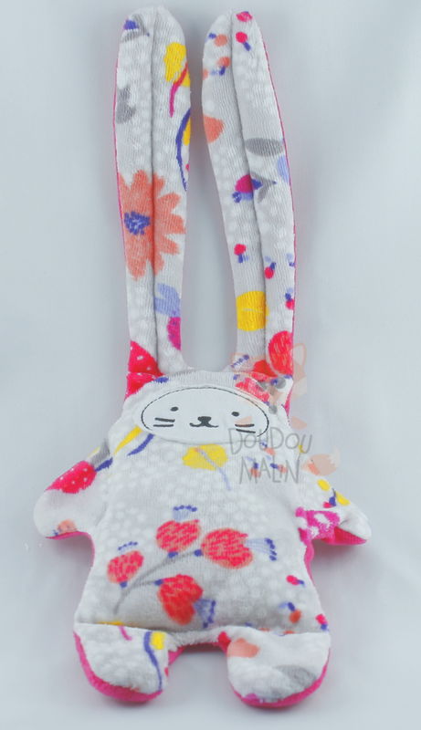 Catimini doudou plat lapin fleur rose gris jaune